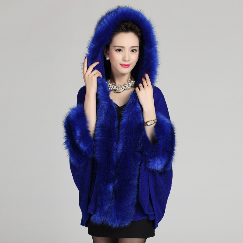 Lady Fashion Hooded Acrylic Knitted Faux Fur Winter Shawl (YKY4474)