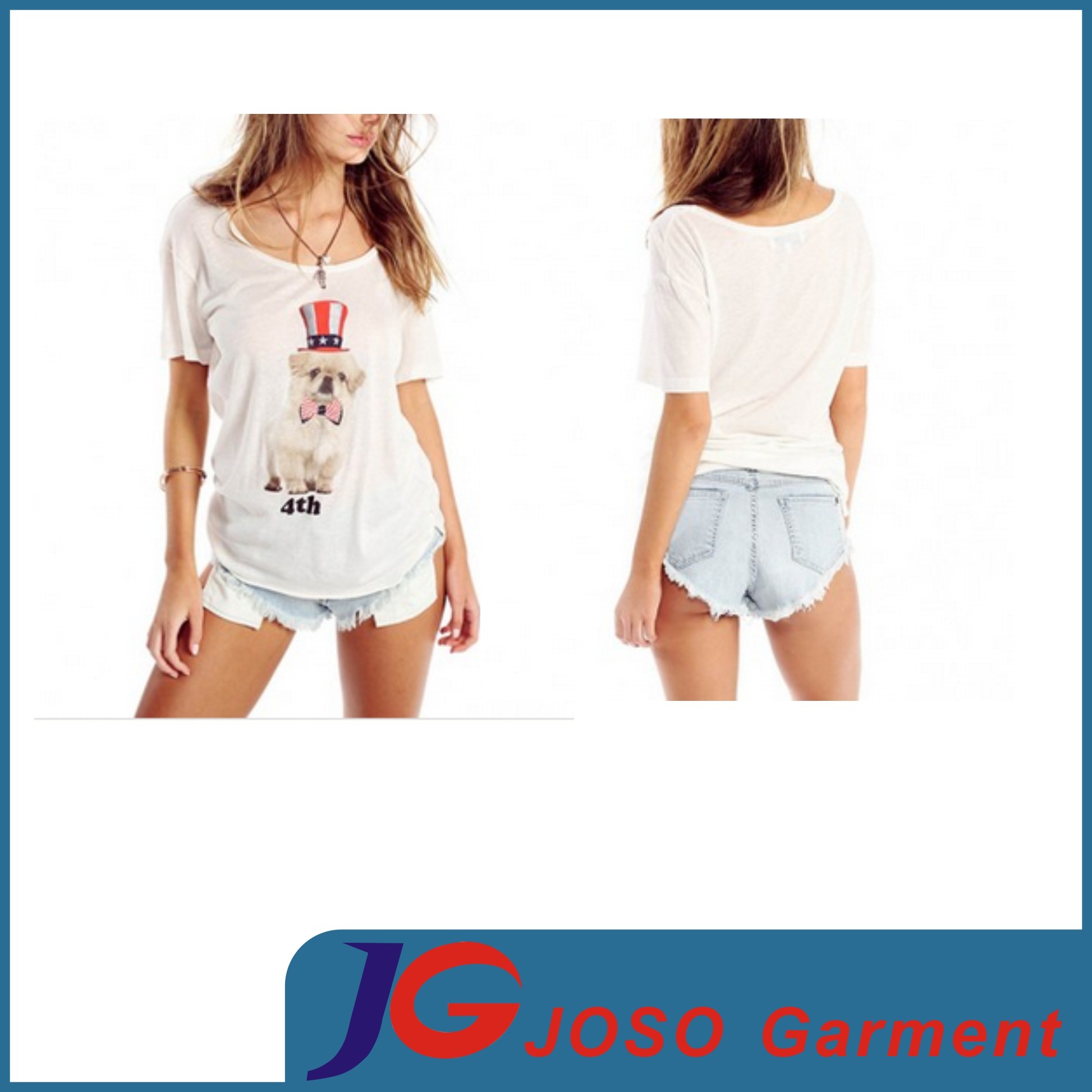 Lady Printing T Shirt Top Loose Comfortable Cotton Clothing (JS9015)