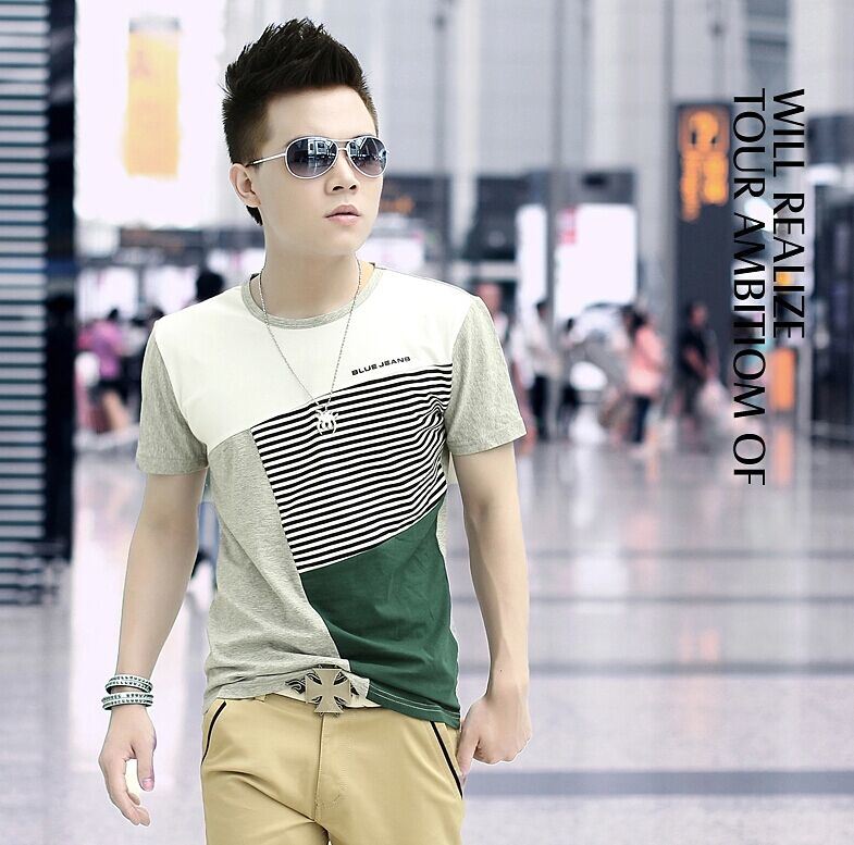 Men's Korean Style Round Neck Stripe Casua T-Shirt