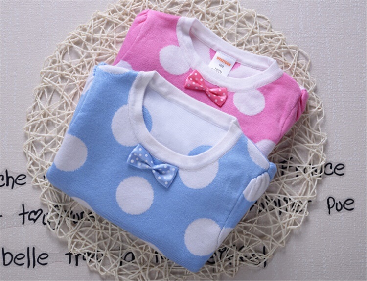 T1222 Baby DOT Long Sleeve Bow Knot Knitted Cotton Sweater