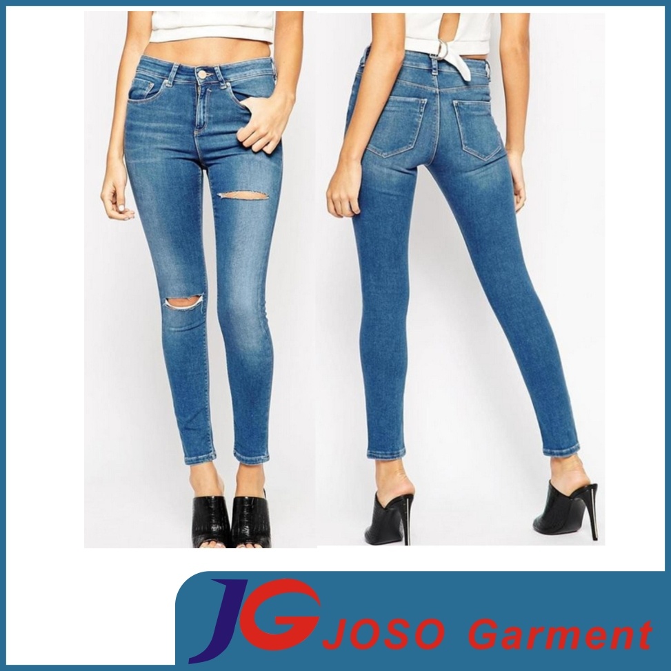 Dark Blue Trendy Skinny Knee Broken Women Tight Jeans (JC1343)