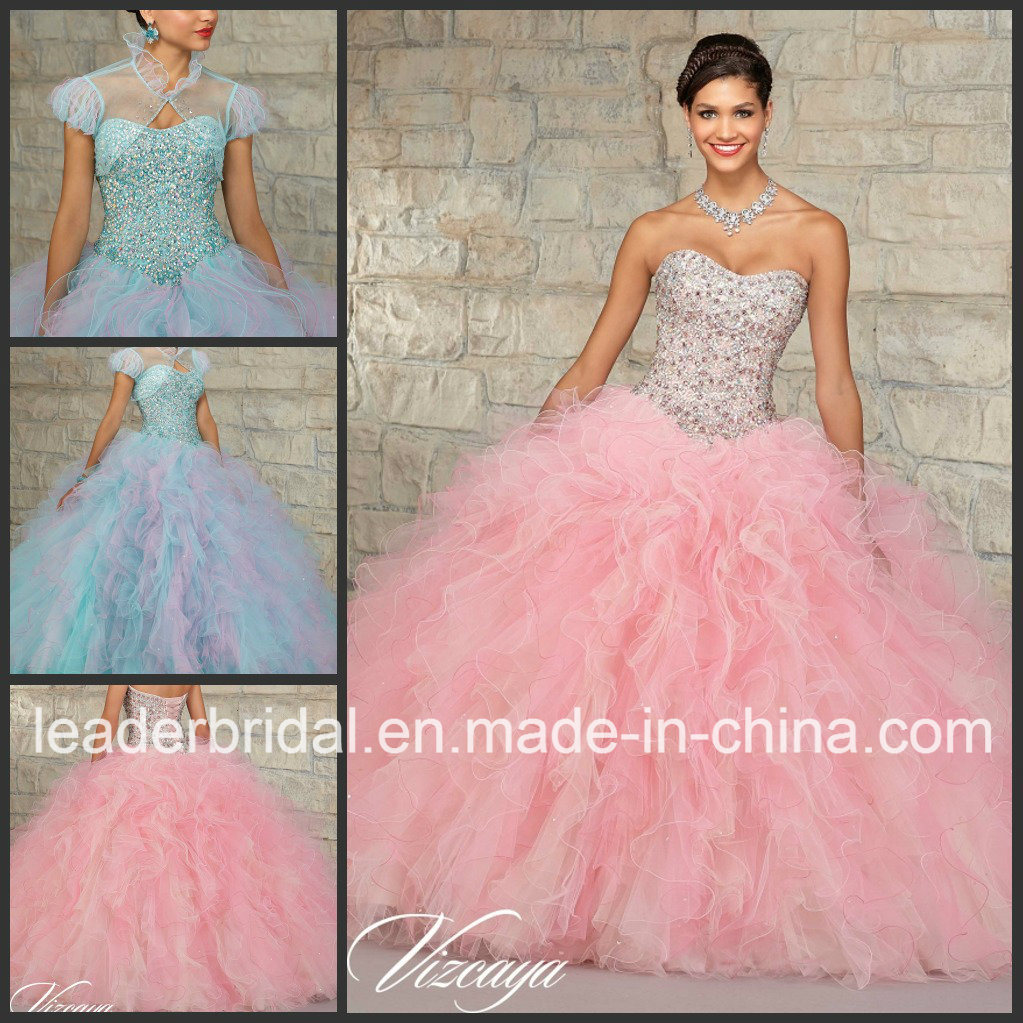 Tull Ball Gown Pink Blue Crystals 15 Y Ruffed Quinceanera Dresses Ld15210