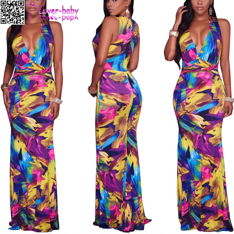 Kiannah Multi-Color Print Plunging V-Neck Maxi Dress L51410