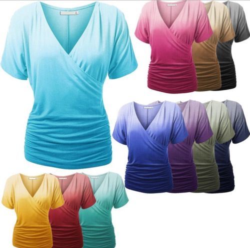 Women V Neck Changing Color Short Sleeve Bamboo T Shirt