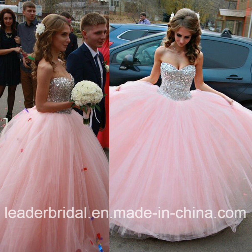 Strapless Pink Ball Gown Cyrstals Tulle Wedding Dress Yao54
