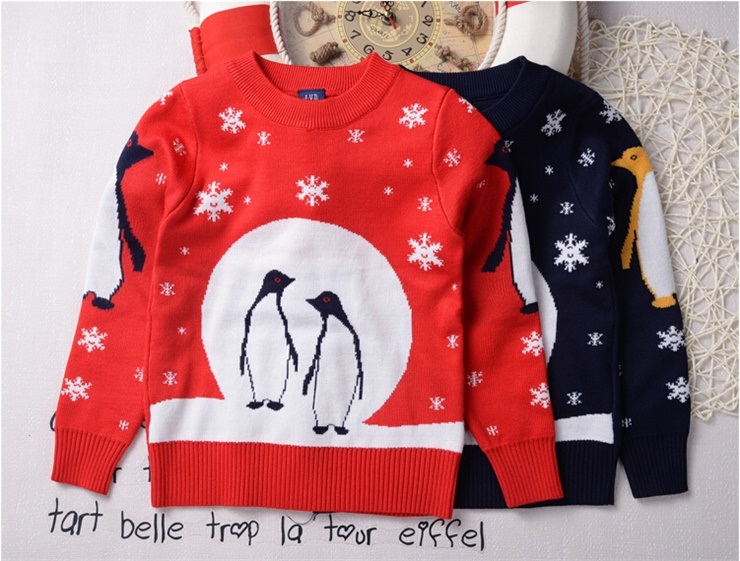 T1205 Wholesale Spring Autumn Girl T-Shirt Cotton Knitted Thicken Penguin Pullover Baby Girl Clothing Children Long Sleeved Bottoming Shirt