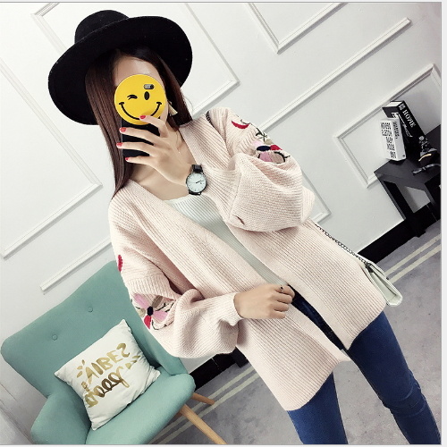 Women Single Row Button Round Neck Long Sleeve Knit Cardigan Embroidered Sweater