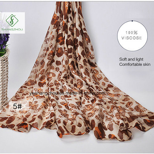 Hot Sell Lady Fashion Voile Scarf with Leopard Spot Printed Factory