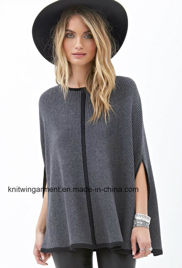 OEM Women Fashion Ribbed Wool Sweater Cloak Shawl (W18-511)