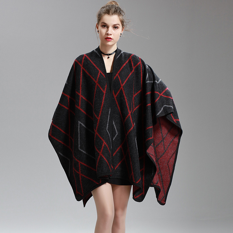 Womens Cashmere Feel Checked Diamond Printing Fancy Cape Stole Poncho Shawl (SP290)