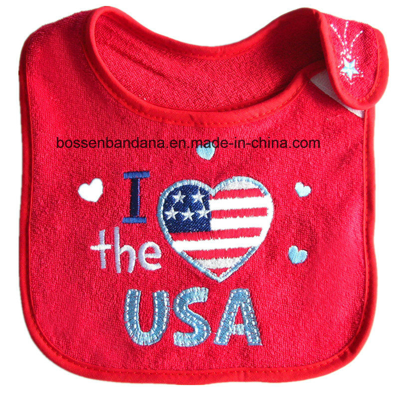 China Factory Produce Custom Embroidered Cotton Terry Red Baby Feeding Drool Bib