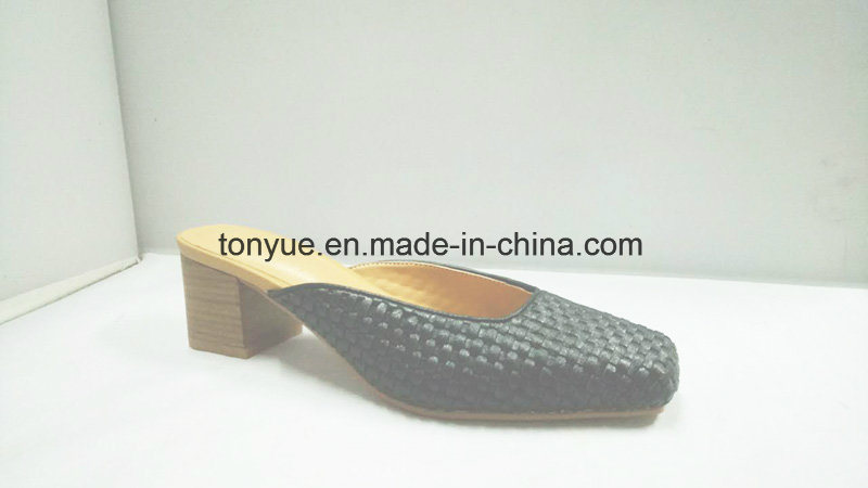 Women Shoes Women Weaving PU Leather Shoes Wooden Block Heel
