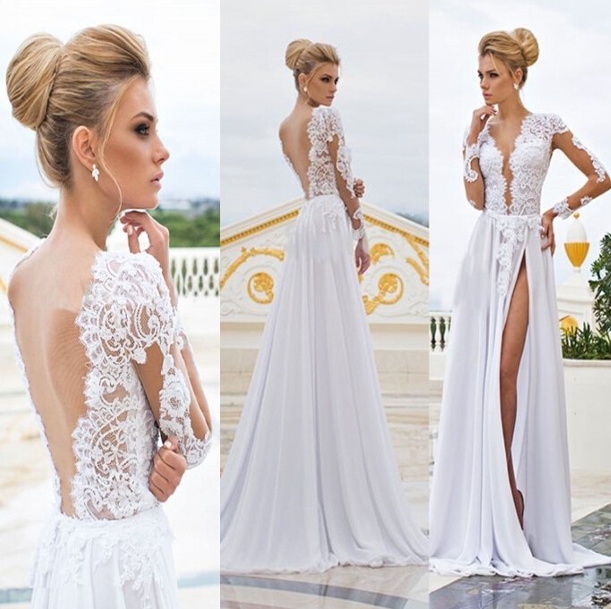 Backless Beach Bridal Dresses A-Line Lace Chiffon Wedding Gowns Z2069