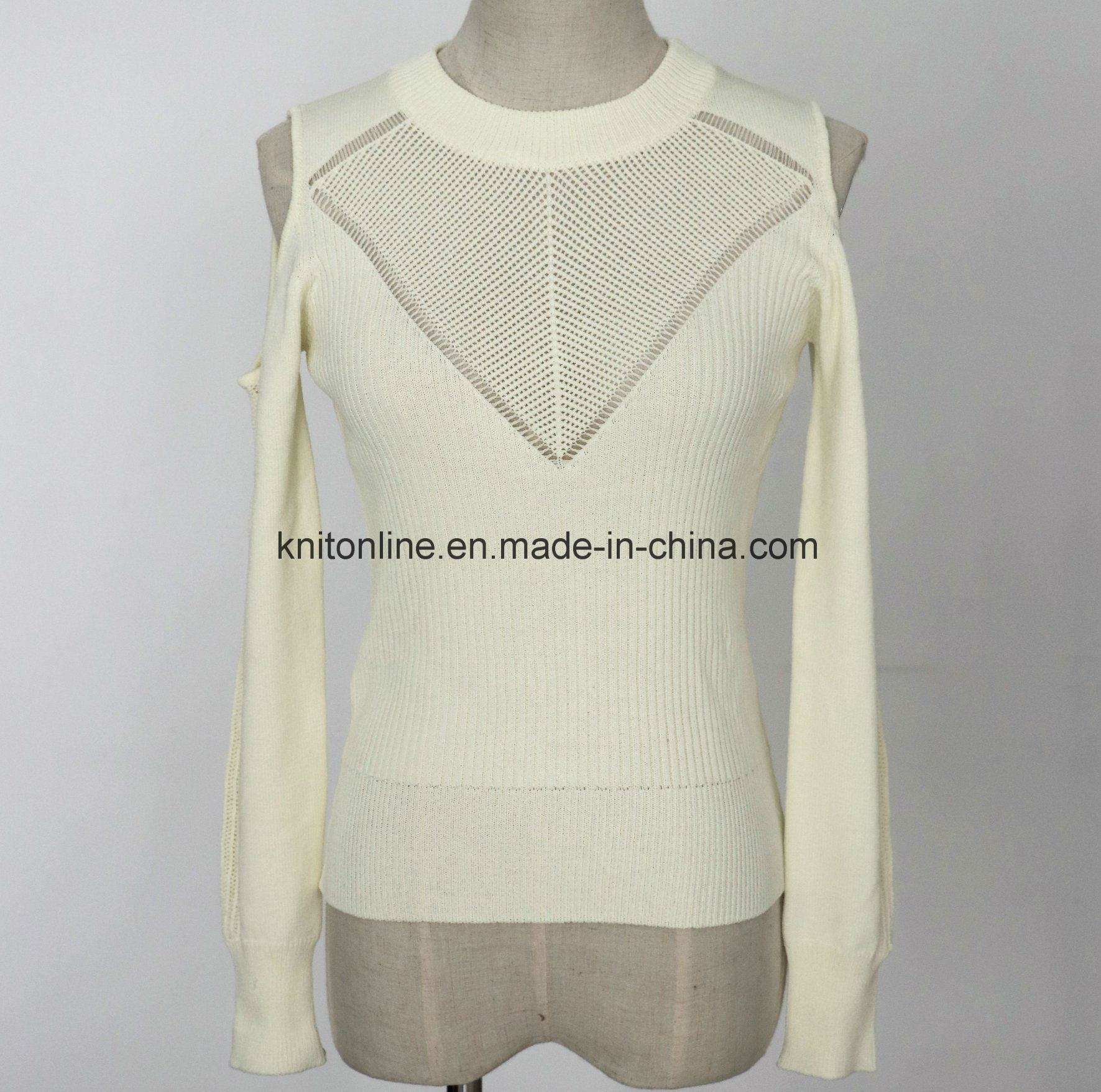 Ladies' Fashion Ribbed Dew Shoulder Stretch Sweater with Round Neck and Long Sleeves, Front and Back Crochet