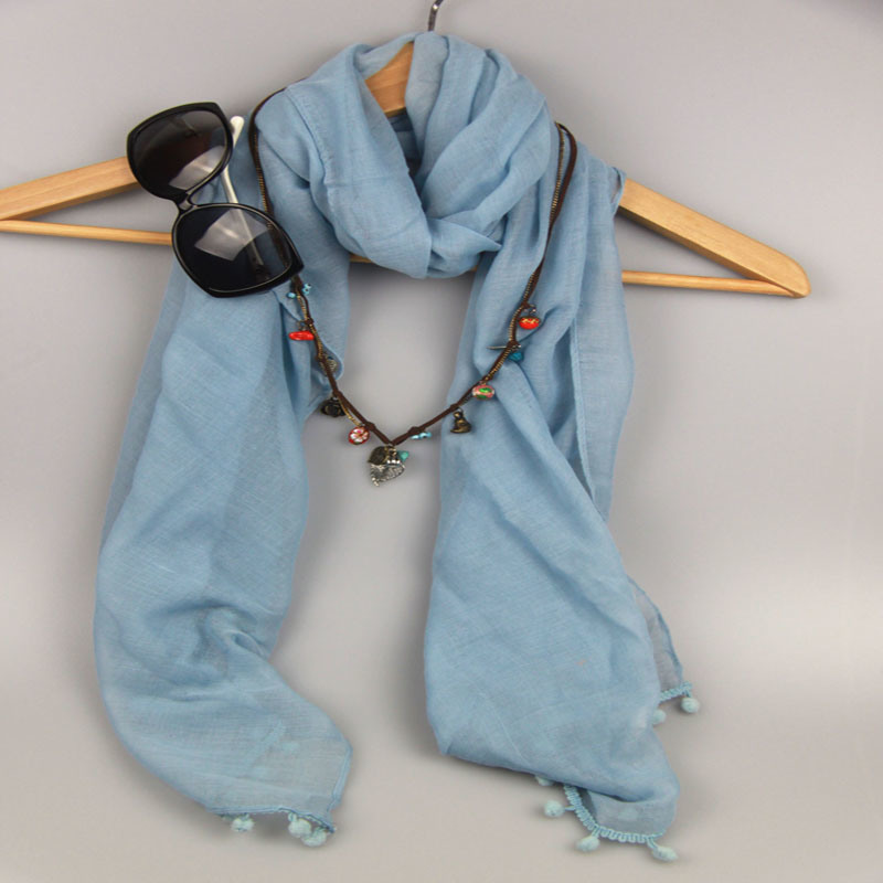 Light Blue Voile Scarf with Pompom Tassells for Girls Fashion Accessory