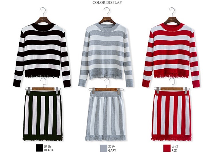 Ws1142 Ladies Striped Tassels Long Sleeve Knitted Tops+Skirt 2PCS Suit