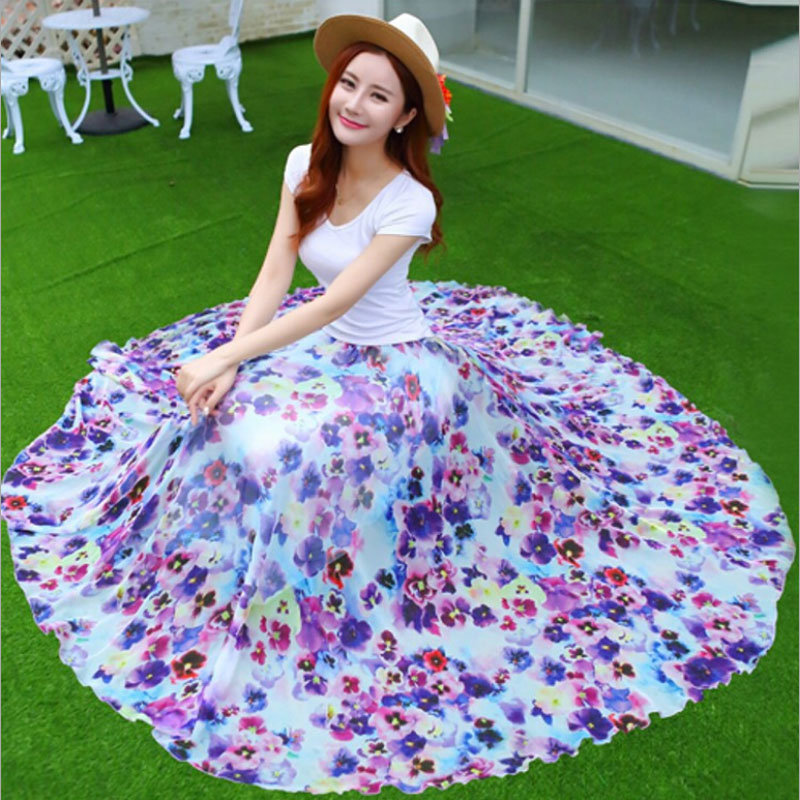 Floral Printed Umbrella Long Skirt with Falbala