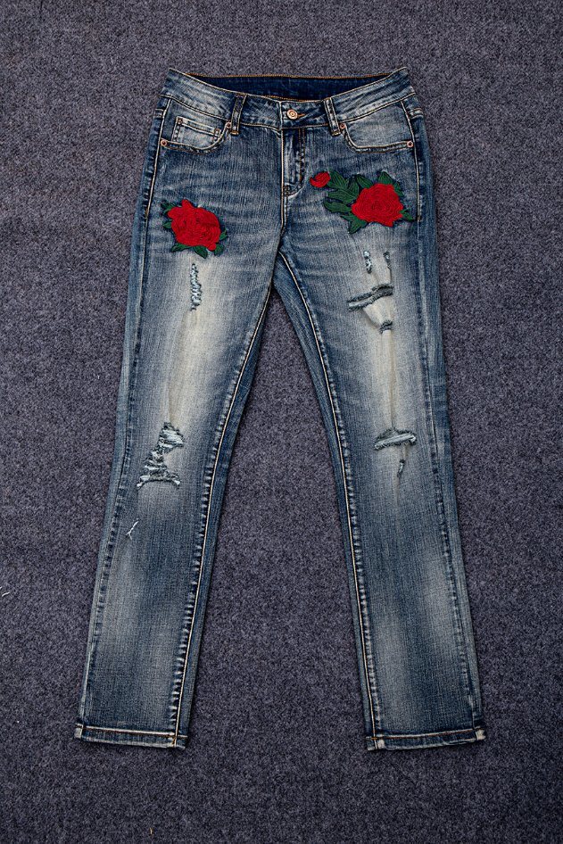 Women's Rose Embroidered High Waist Ripped Hole Denim Skinny Jeans Pants