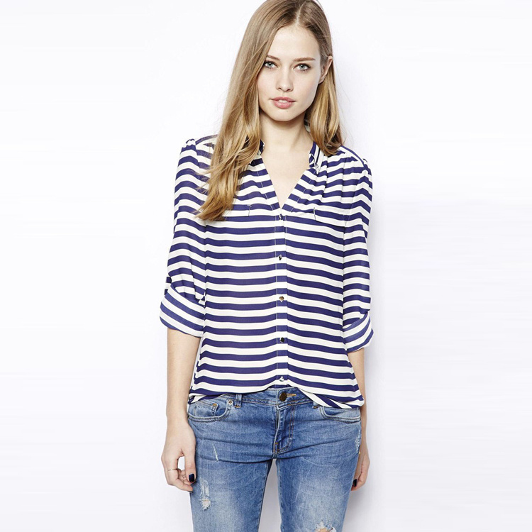 Long Sleeve Bule and White Stripe Casual Women Blouse for Summer