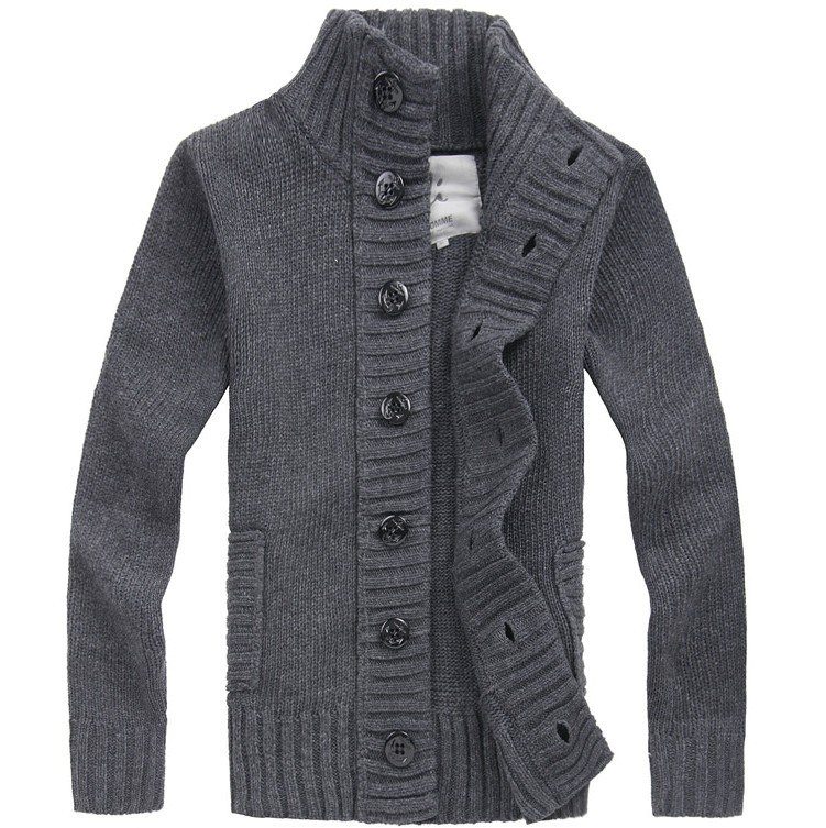 Knitted Crochet Cardigan Sweater for Man Polo Neck