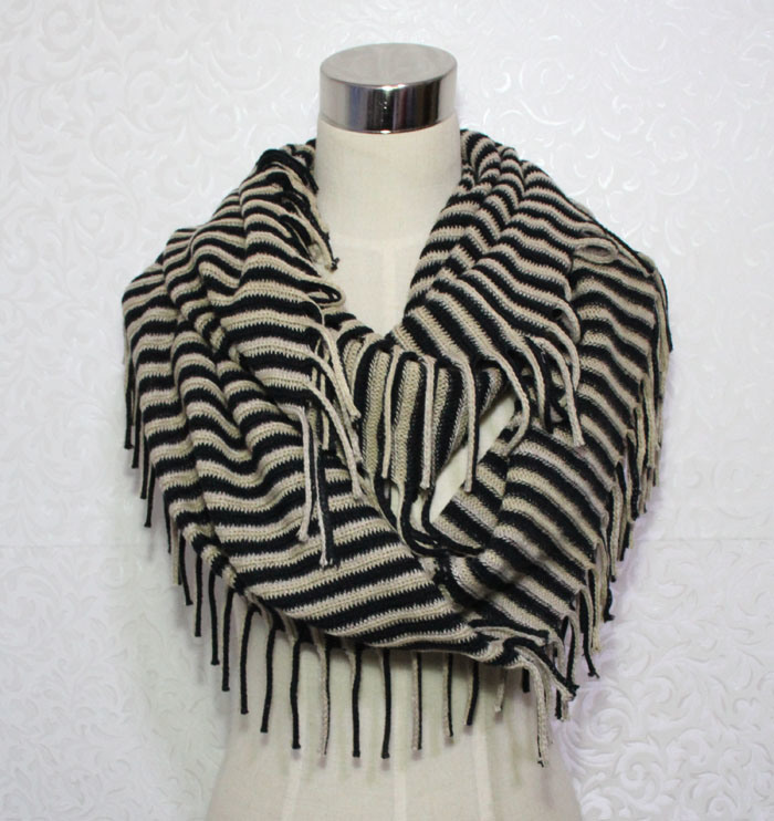 Woman Fashion Acrylic Knitted Striped Infinity Fringe Scarf (YKY4391)
