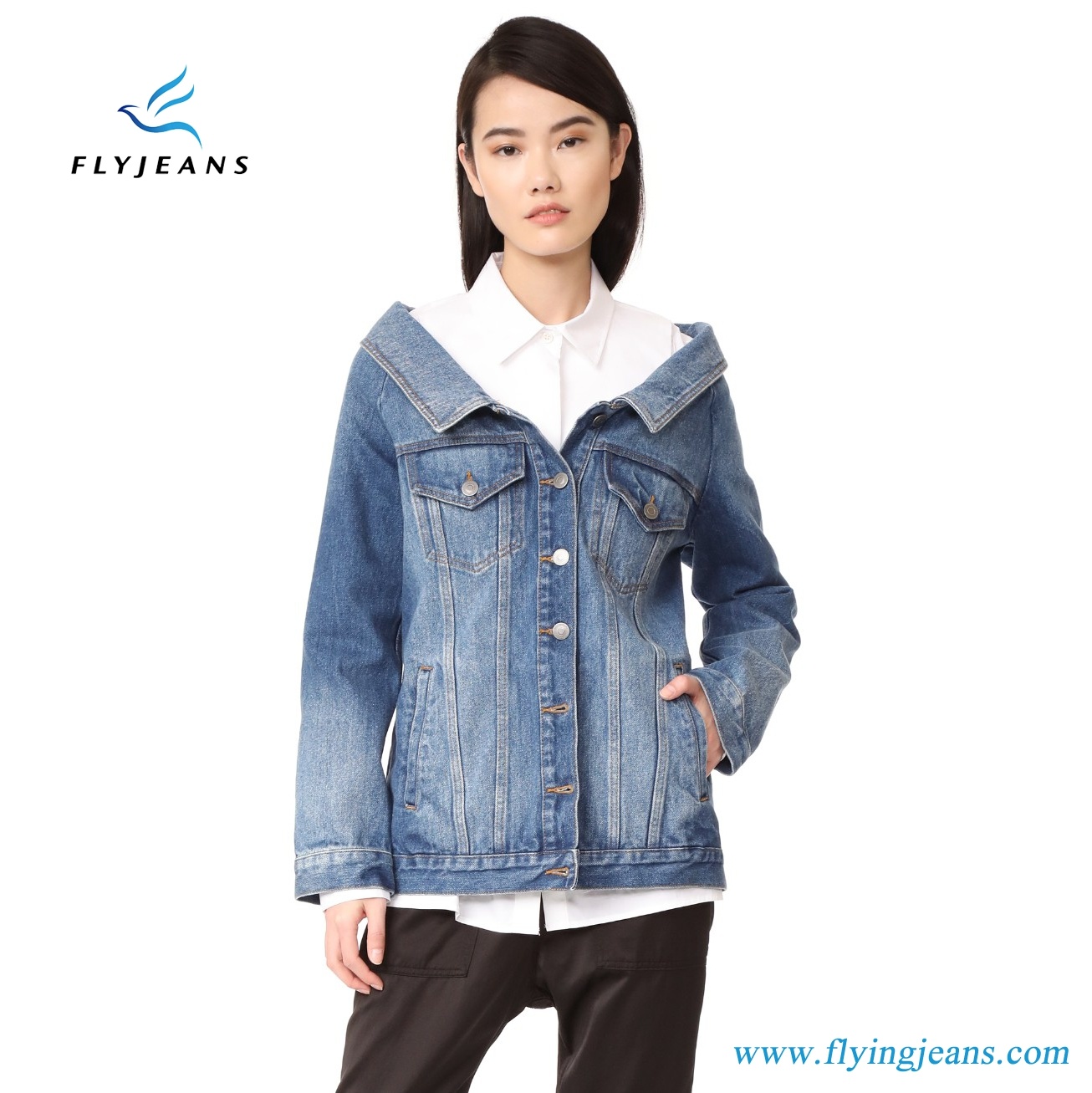 Fashion Women Clothes Jeans Denim Jackets with Wide Shoulder-Baring Neckline