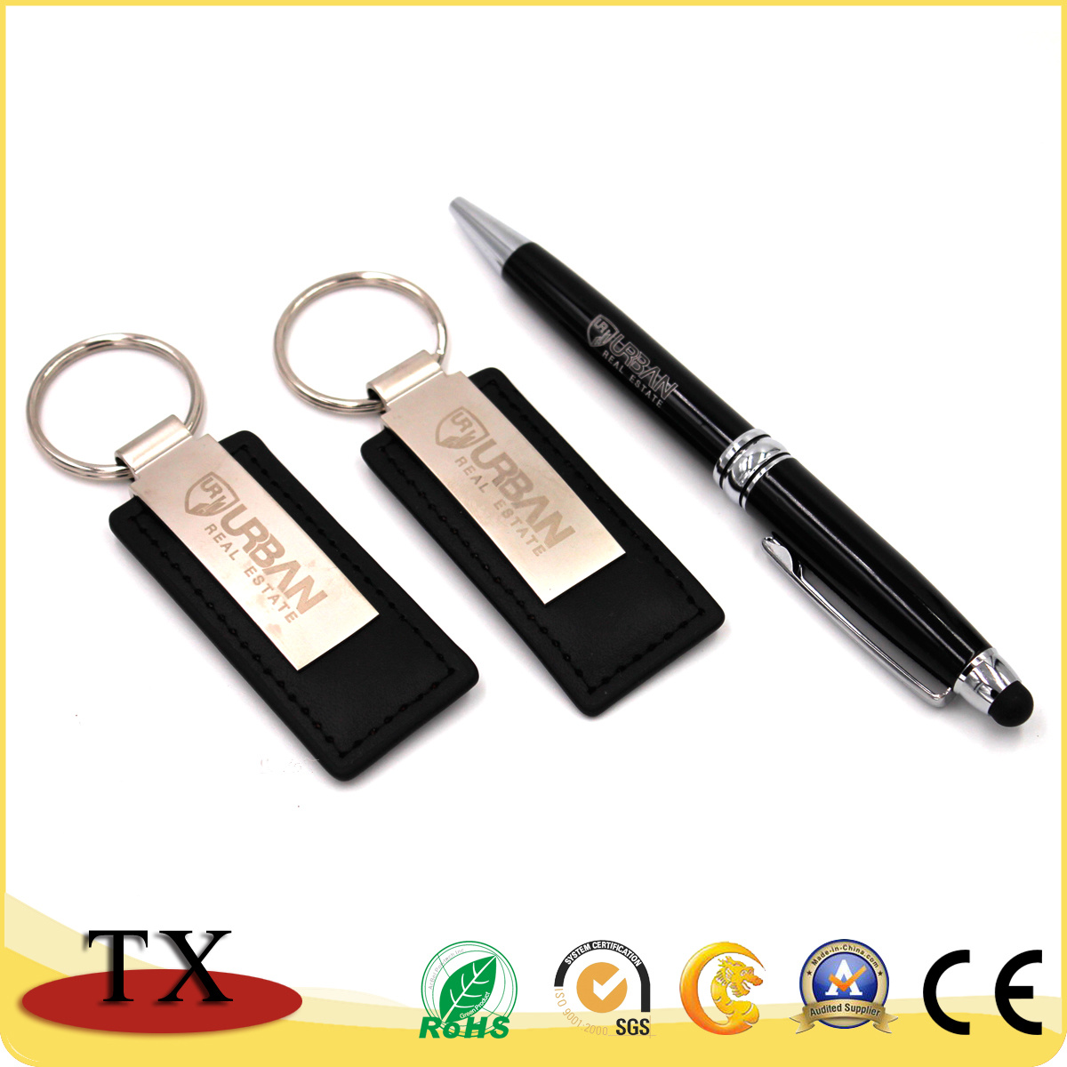 Special Metal Leather Key Chain with Metal Clip and Pen