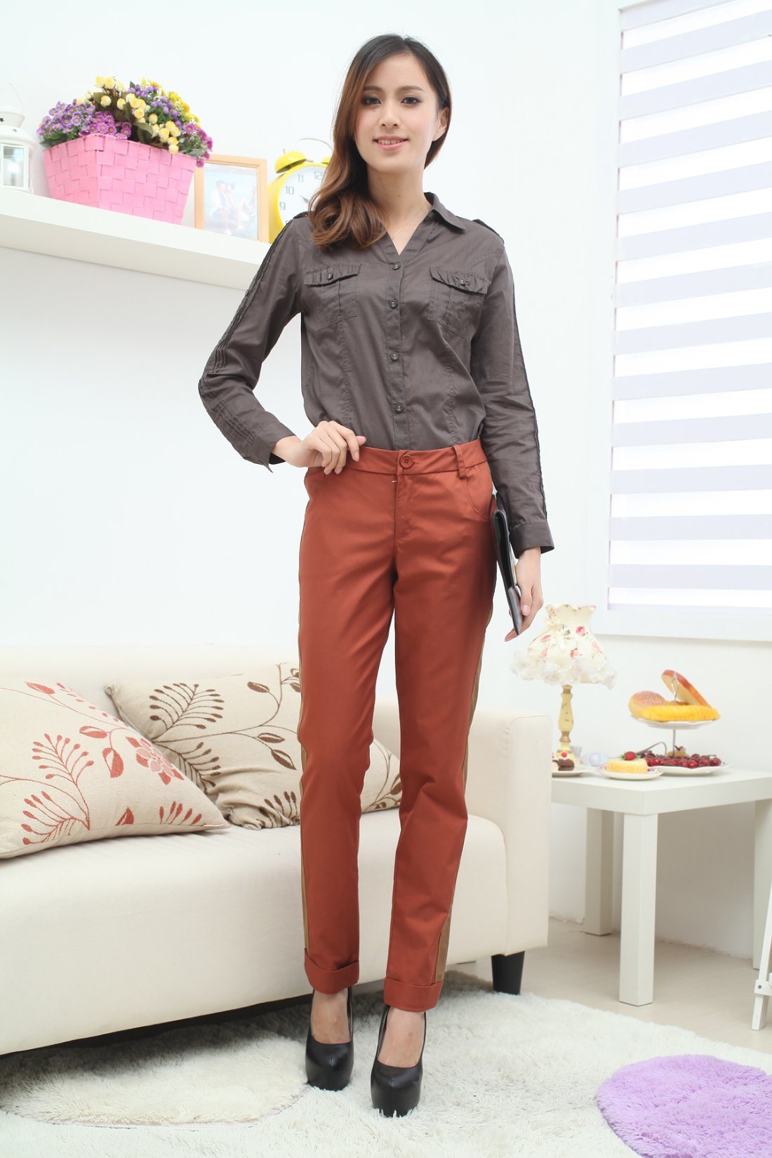 Stock! Ladies Gray Blouse with Chest Pocket