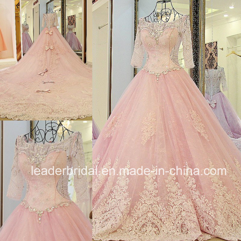 Pink Bridal Gowns 3/4 Sleeves Sheer Beaded Wedding Dress Lb285