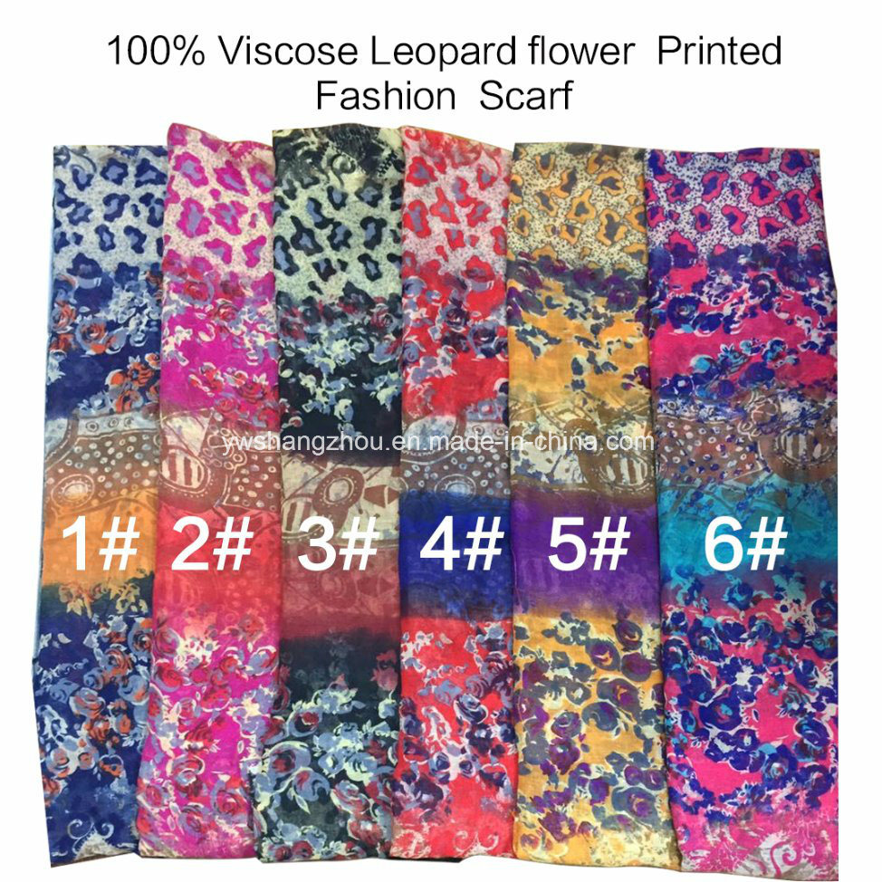 2017 Fashion Ladies Viscose Leopard Flower Printed Designs Scarf Factory