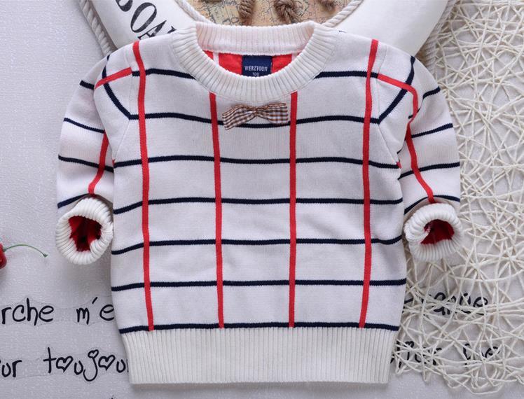 T1241 2015 Boy Sweater Pullover Shirt Autumn Winter Plaid Long Sleeve Bow Knot Knitted Wear Cotton Children Top Clothes