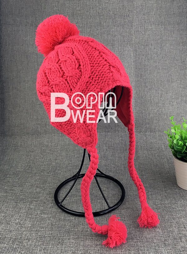 Custom POM POM Kids Knit Beanie Winter Hat with Ear Flap