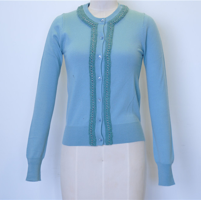 100%Cotton Round Neck Knit Women Cardigan with Button