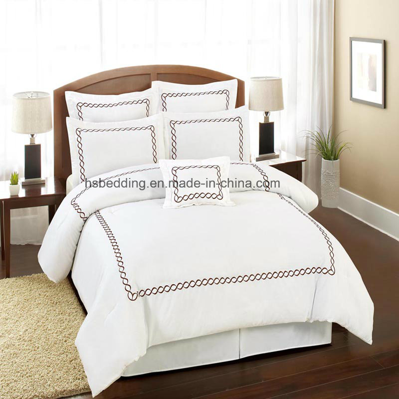 100% Polyester White Microfiber with Embroidery Hotel Bedding Sets
