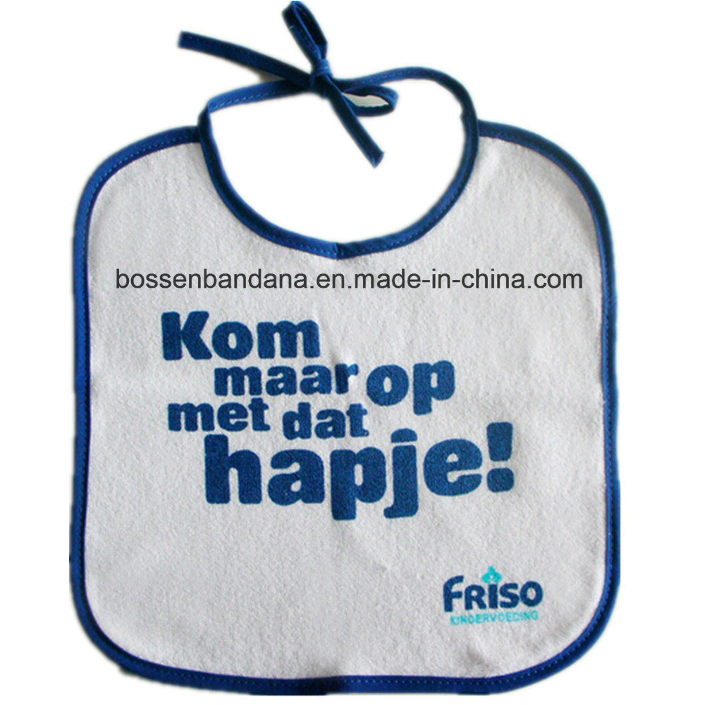 China Factory Produce Custom Blue Logo Printed White Cotton Terry Baby Apron Bib