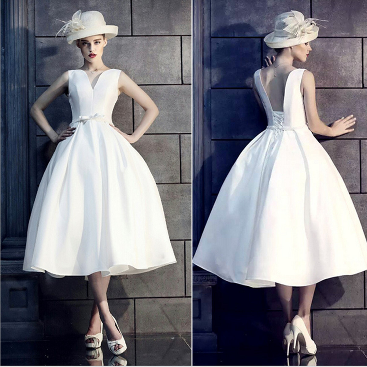 2017 Bateau Vintage Fitted Waist Lace Tea-Length Wedding Dress (Dream-100067)