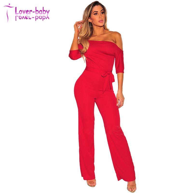 China Manufacture Best Selling Red off Shoulder Belted Palazzo Jumpsuit