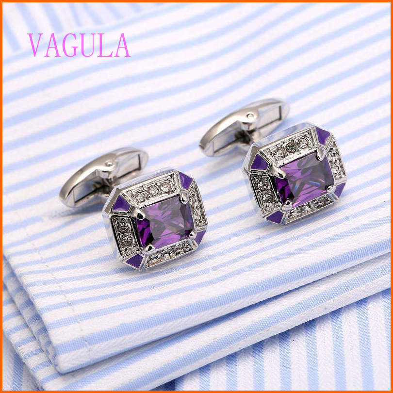 VAGULA Silver Plated Copper Wedding Fashion Purple Crystal Shirt Cufflinks