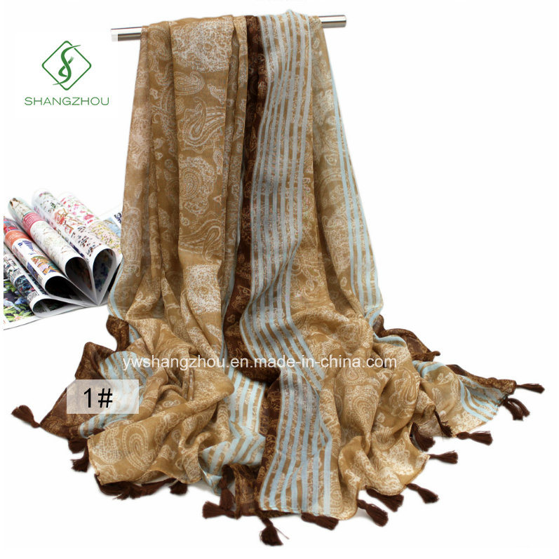 Combination Dyeing Verticalbar Cashew Printed with Tassels Fashion Scarf