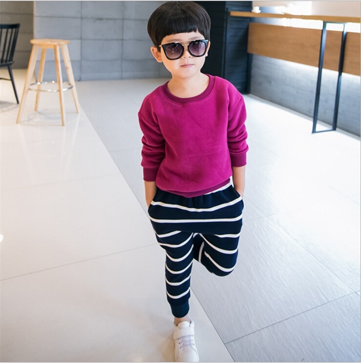 Ks43 Hotsale Fashion Autumn Boy Suits High Quality Children Clothes Fleece Casual Suits T-Shirt+Striped Pants Two-Piece for Wholesale
