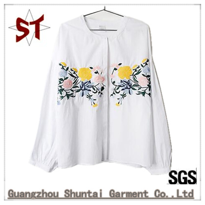 Custom Fashion Ladies Pure Color Collarless Embroidery Shirt