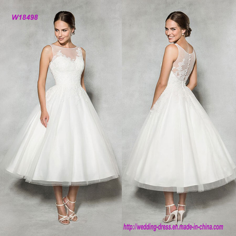 Lace Embellished Illusion Neckline Tea-Length Wedding Dress