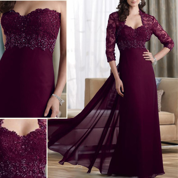 Wine Red Chiffon Lace Long Sleeves Beaded Evening Dress M1305203