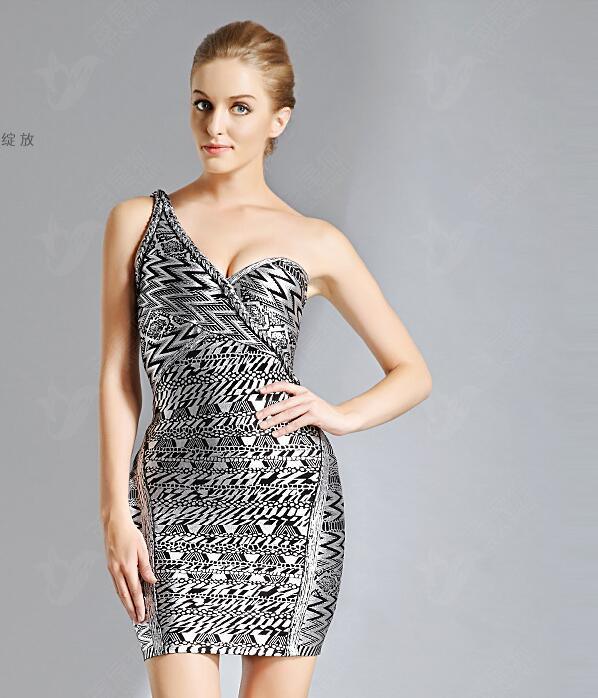Silver Bandage Dress with a Shoulder Sleeveless Dress