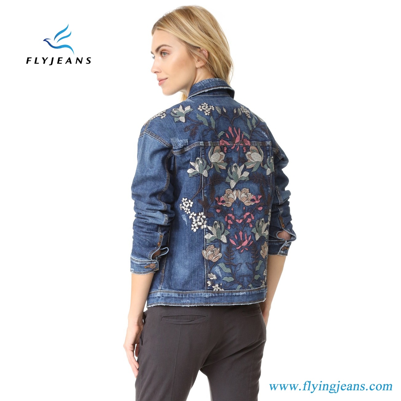 Fashion Woman Short Denim Jacket with Intricate Floral Embroidery at Back