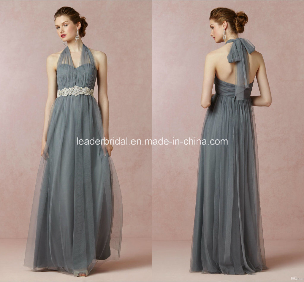 Jewelry Sash Evening Prom Gowns A-Line Gray Pleated Tulle Bridesmaid Dresses Z5090