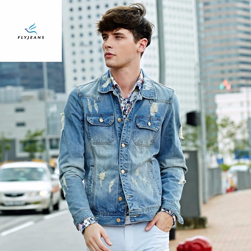 New Style Men Long Sleeve Light Blue Denim Jackets with Whisker by Fly Jeans