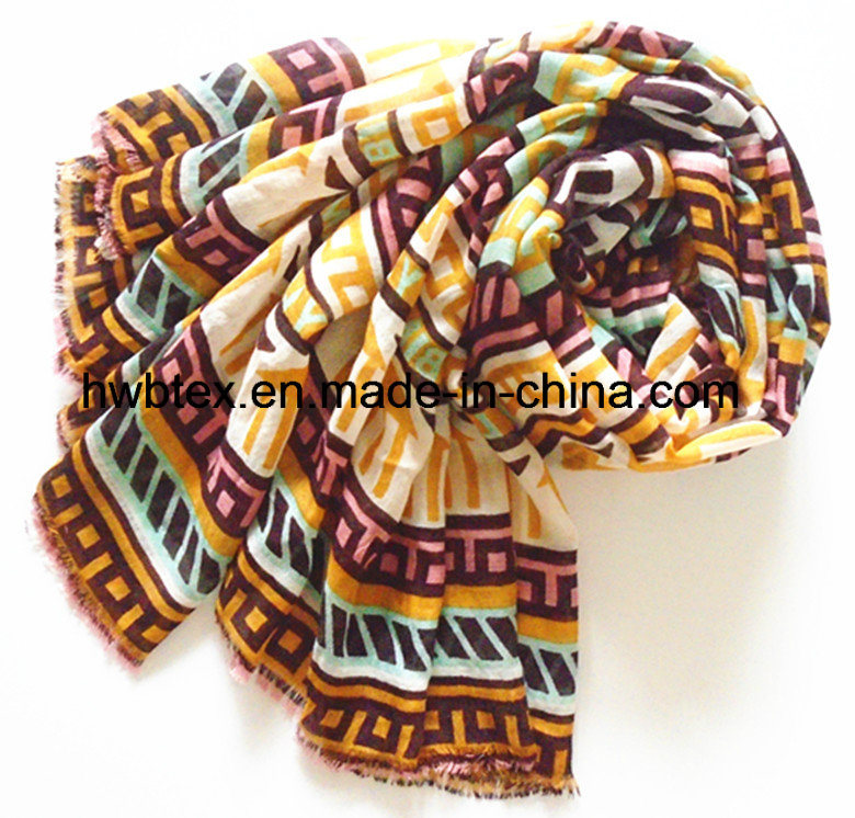 New Arrival Geometic Printing Polyester Lady Scarf (HWBPS108)
