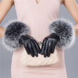Factory Price Women's Sheep Leather Gloves with Rex Rabbit Fur / Black Gloves