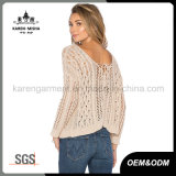 Fashion Hollow Tie Back Ribbed Sweater for Women